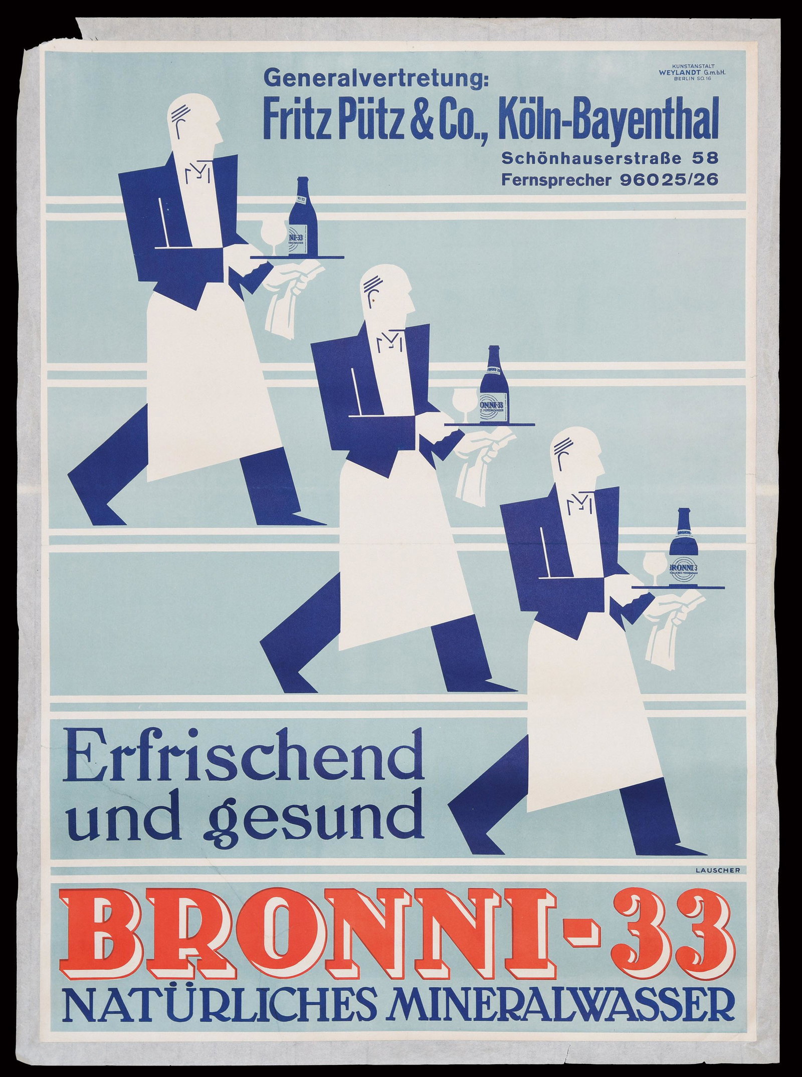 BRONNI-33 - VINTAGE POSTER by Lauscher: Description Poster, offset print, on crepe paper, GER 1950ies, print: Kunstanstalt Weylandt, Berlin, minor traces of folding and a tiny spot of material loss at the upper left corner. As for all items
