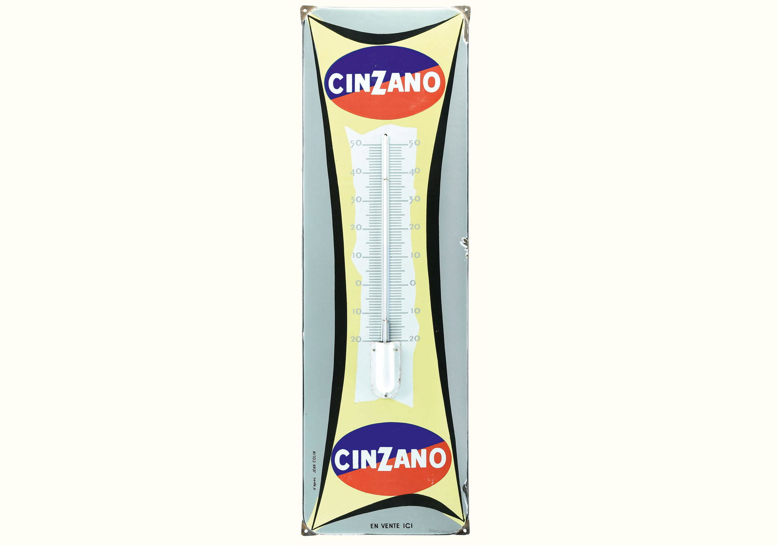 CINZANO: Porcelain (enamel) sign, stenciled, integrated thermometer (working), F 1950ies, 31 x 97 cm, Emaillerie Alsacienne Strasbourg-Hoenheim, signed: Jean Colin. Lately I've been asked several times which o