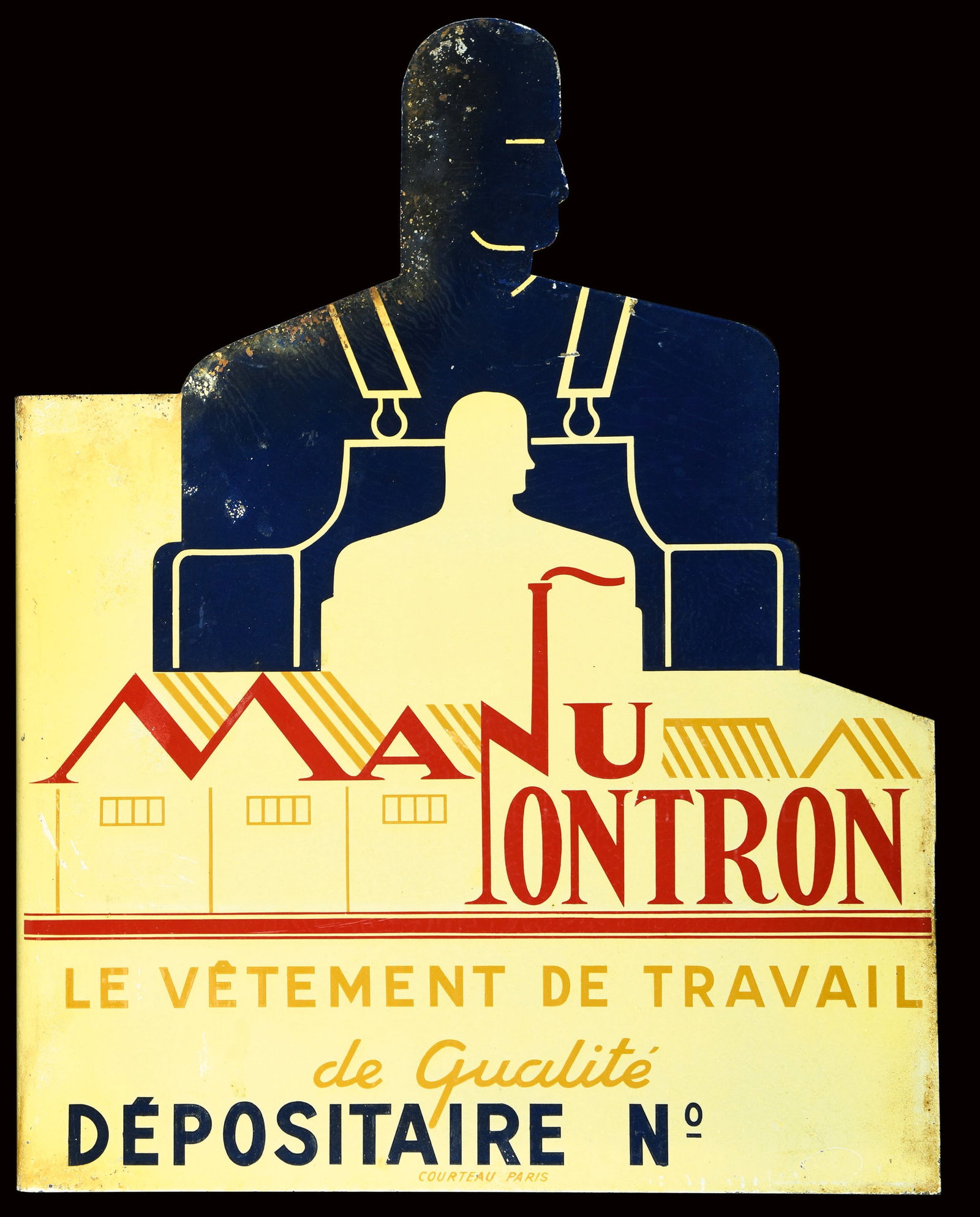MANUFACTURE NONTRON: Tin sign as flange, F around 1930, 46 x 58 cm, Courteau Paris, striking graphic in Bauhaus design I We do only sell old original pieces - no repros or fakes. GERMAN DESCRIPTION: Blechschild als Ausleg