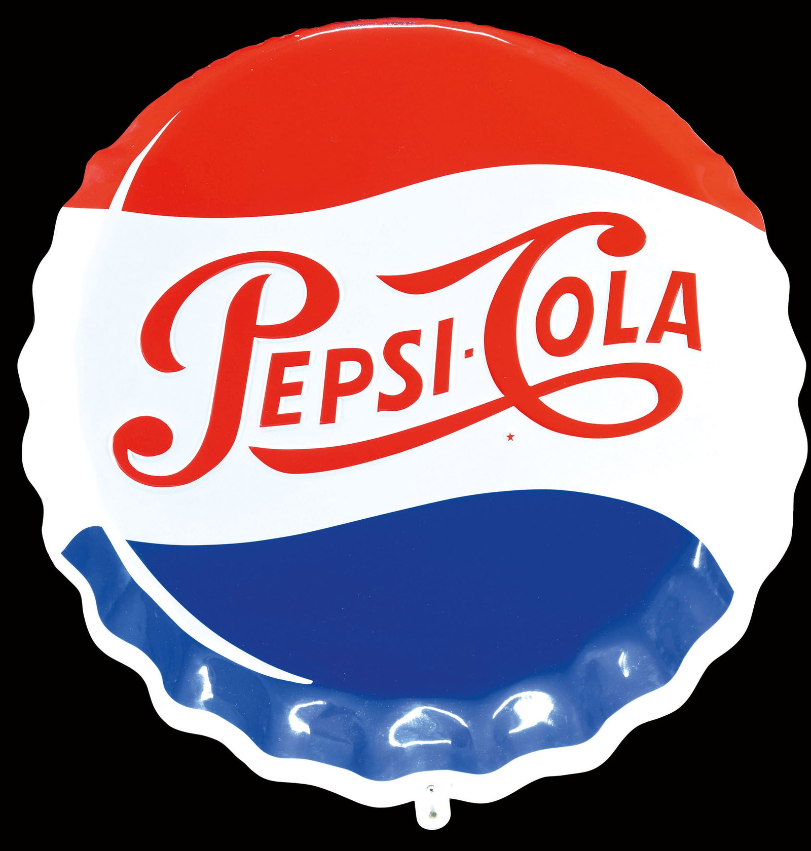 PEPSI-COLA: Tin sign, bottle cap shaped and embossed, 1960ies, Ã˜ 47 cm I We do only sell old original pieces - no repros or fakes. GERMAN DESCRIPTION: Blechschild, in Kronkorken-Optik geprÃ¤gt, 60er Jahre, �