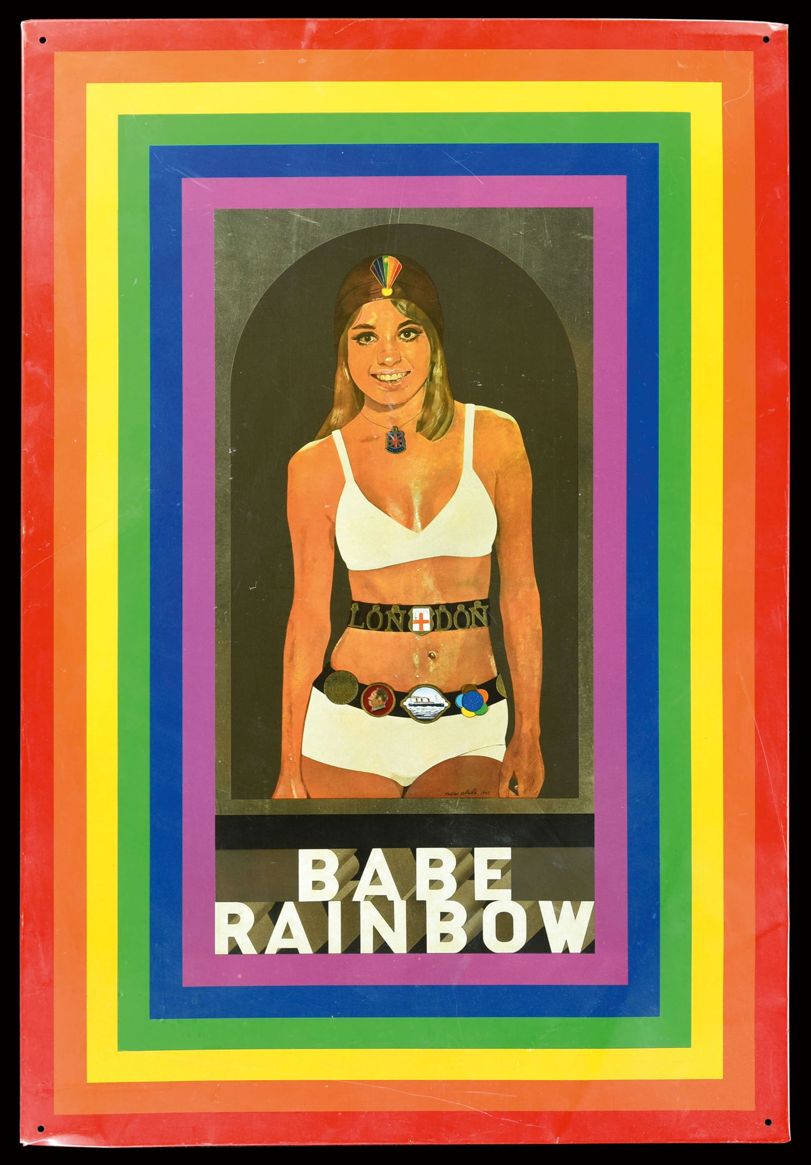 BABE RAINBOW: Tin sign, GB 1968, 44 x 66 cm, a work of art on tin by Sir Peter Blake, one of the most important artists of Pop Art, depicted is "Babe Rainbow", a female wrestler, the portrait is somewhat reminiscen