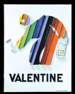 VALENTINE: Enamel sign, double sided flange sign, stenciled and lithographed, F 1948, 45 x 58 cm, Emaillerie Alsacienne Strasbourg, design by Charles Loupot We do only sell old original items - no reproductions