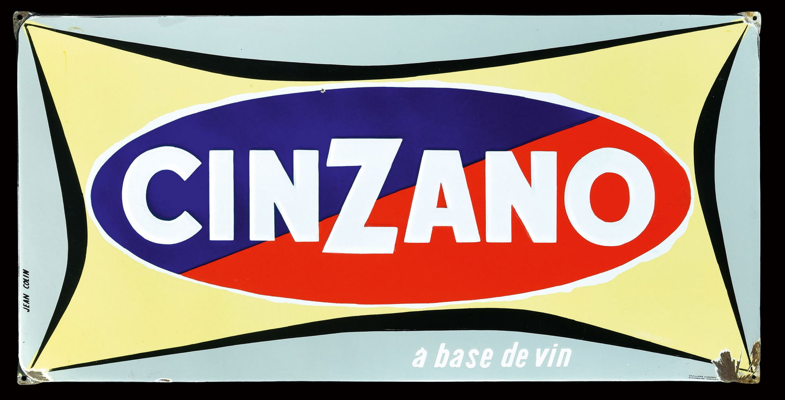 CINZANO: Enamel sign / Porcelain sign, stenciled, the "Cinzano" lettering embossed, F 1950ies, 98 x 48 cm, Emaillerie Alsacienne Strasbourg-Hoenheim, signed: Jean Colin, very good surface I We do only sell ori