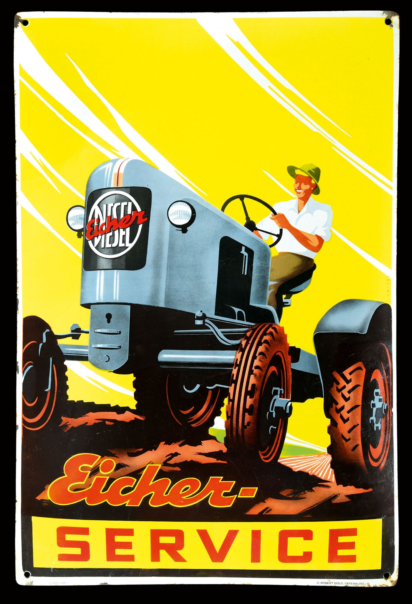 EICHER SERVICE: Enamel sign / Porcelain sign, convex, stenciled and lithographed, GER around 1950, 50 x 75 cm, Ferro-Email - C. Robert Dold, Offenburg i.B., signed: Trickl, the image has perfect gloss and colors, the