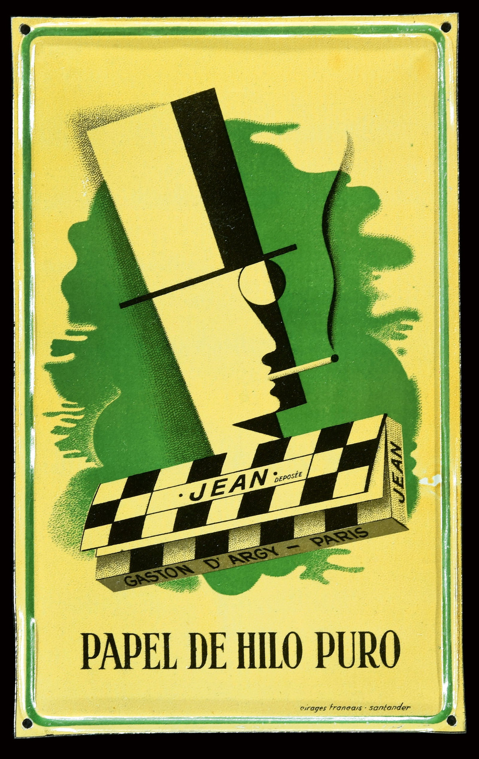 JEAN PAPEL DE HILO: Doorsign, tin, lithographed, ESP around 1930, 16 x 30 cm, Cirages Francais, Santander, a rare sign in Bauhaus style I We do only sell originals, no fakes or reproductions. I GERMAN DESCRIPTION: Türsc
