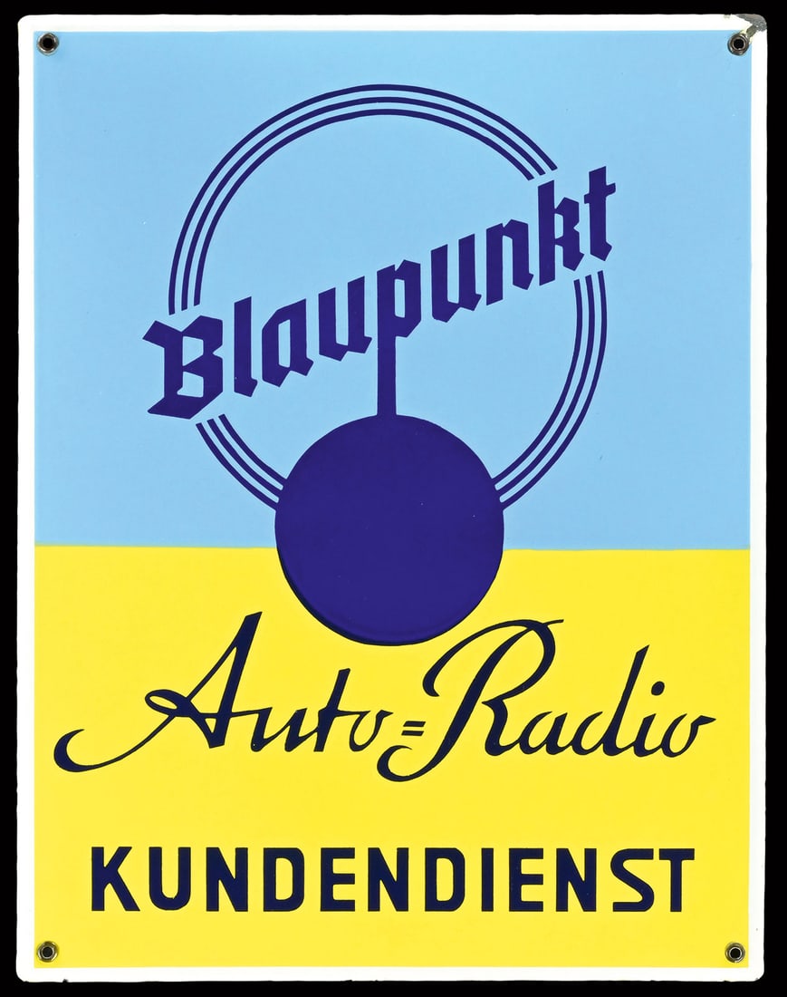 BLAUPUNKT AUTO-RADIO | 21" PORCELAIN SIGN: Porcelain sign ( Enamel sign ), stenciled, GER 1950s, 42 x 54 cm | We do only sell old original pieces - no reproductions or fakes. We pack in house, most items can be shipped overseas. Wooden crates 
