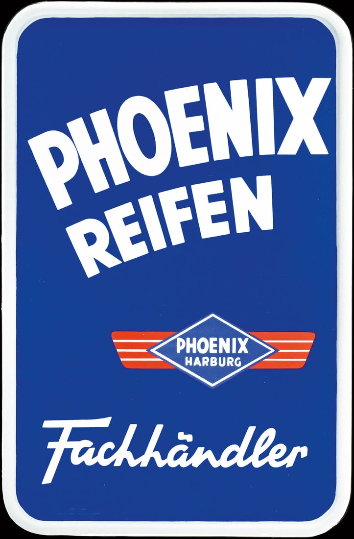 PHOENIX REIFEN | 23" PORCELAIN SIGN | SUPERB CONDITION: Porcelain sign ( Enamel sign ), stenciled, GER 1950s, 38 x 58 cm, Pyro-Email, Boos & Hahn, Ortenberg-Baden, aside from minor damage to the edge near the flaps that are bent inward at the bottom, a lit