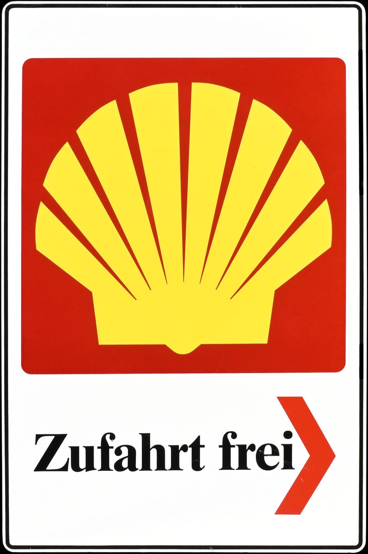 SHELL ZUFAHRT FREI | 29" PORCELAIN SIGN | SUPERB CONDITION: Porcelain sign ( Enamel sign ), stenciled, dated 09-1987, 48 x 73 cm, Boos & Hahn, Ortenberg/Baden | We do only sell old original pieces - no reproductions or fakes. We pack in house, most items can b