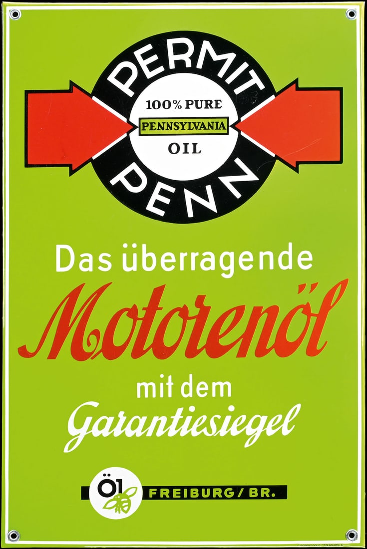 PERMIT PENN MOTORENOEL | 23" PORCELAIN SIGN: Porcelain sign ( Enamel sign ), stenciled, GER around 1950, 38 x 58 cm, Ferro-Email, C. Robert Dold, Offenburg i.B. | We do only sell old original pieces - no reproductions or fakes. We pack in house,