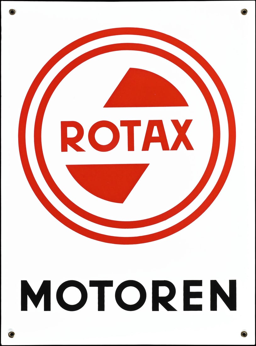 ROTAX MOTOREN | 25" PORCELAIN SIGN | SUPERB CONDITION: Porcelain sign ( Enamel sign ), stenciled, AT 1960s, 47 x 64 cm | We do only sell old original pieces - no reproductions or fakes. We pack in house, most items can be shipped overseas. Wooden crates a