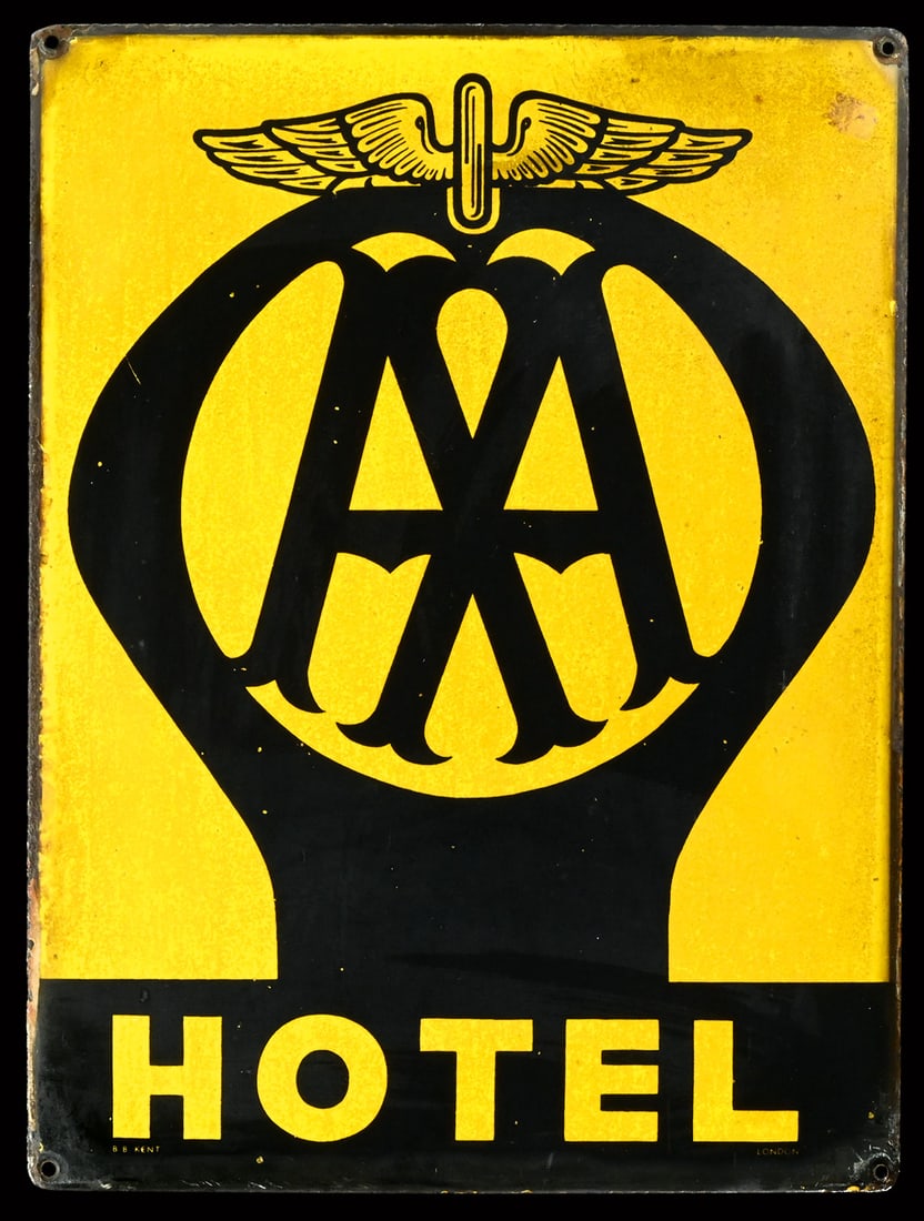 AUTOMOBILE ASSOCIATION - AA HOTEL | 16" PORCELAIN SIGN: Porcelain sign ( Enamel sign ), stenciled, 1950s, 30 x 40 cm, uncleaned finding condition with traces of aging | We do only sell old original pieces - no reproductions or fakes. We pack in house, most