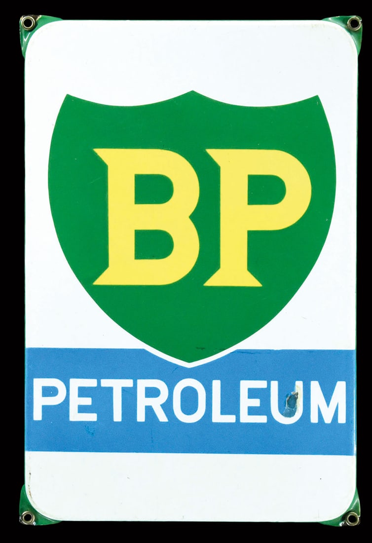 BP PETROLEUM | 13" PORCELAIN SIGN: Porcelain sign ( Enamel sign ), stenciled, NL around 1950, 21 x 32 cm, small touch up in the U, very beautiful gloss | We do only sell old original pieces - no reproductions or fakes. We pack in house