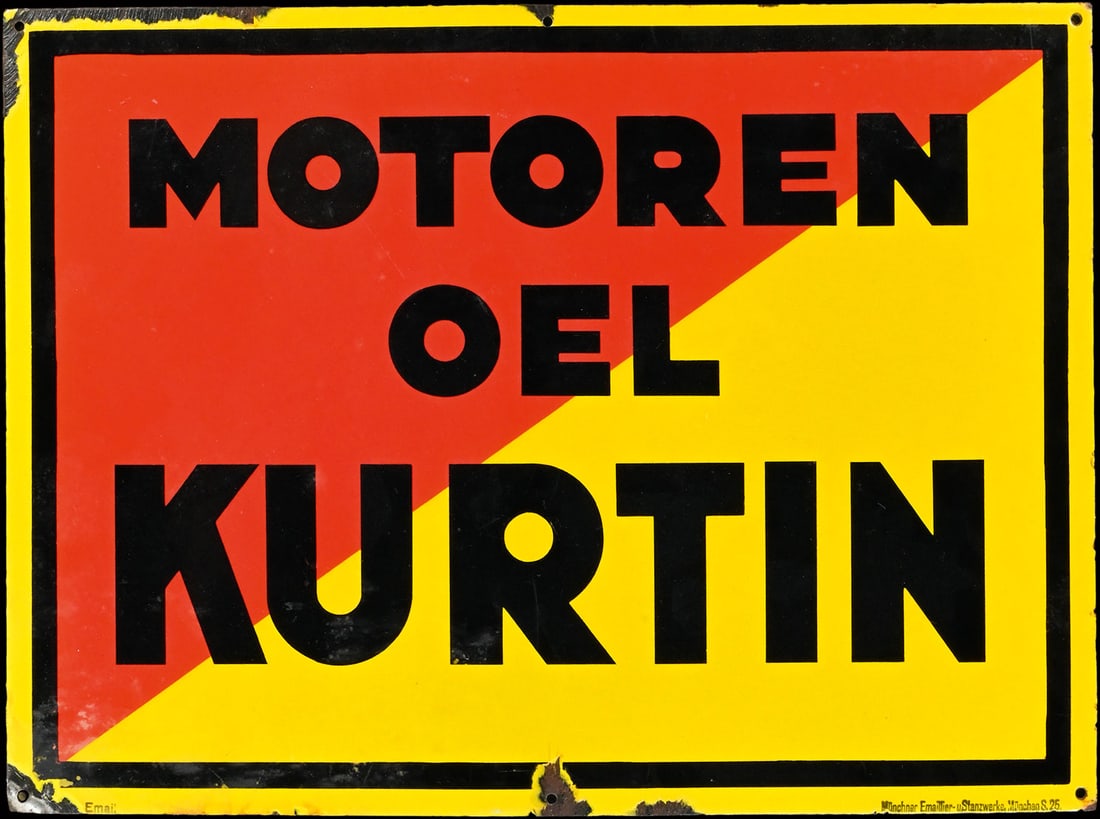KURTIN MOTOREN OEL | 22" PORCELAIN SIGN: Porcelain sign ( Enamel sign ), stenciled, GER around 1930, 55 x 40 cm, Muenchener Emaillier- u. Stanzwerke, Muenchen | We do only sell old original pieces - no reproductions or fakes. We pack in hous