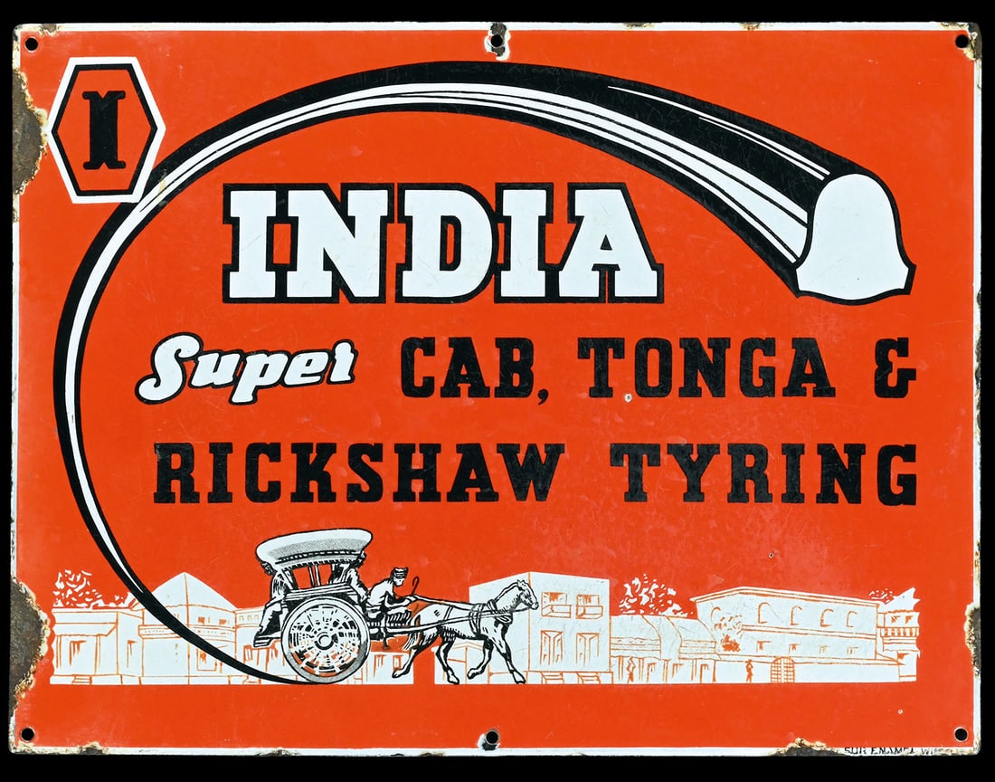 INDIA RICKSHAW TYRING | 20" PORCELAIN SIGN: Porcelain sign ( Enamel sign ), stenciled and lithographed, IND 1930s, 51 x 38 cm, Sur Enamel, superficial scratches | We do only sell old original pieces - no reproductions or fakes. We pack in house