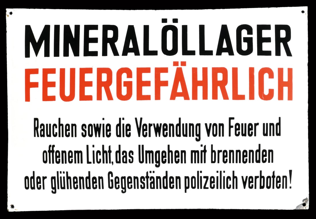 MINERALOELLAGER | 24" PORCELAIN SIGN: Porcelain sign ( Enamel sign ), convex, stenciled, around 1950, 60 x 40 cm, minor traces of aging | We do only sell old original pieces - no reproductions or fakes. We pack in house, most items can be