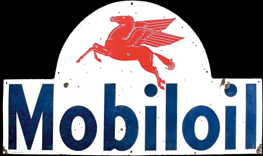 MOBILOIL KEYHOLE | 45" PORCELAIN SIGN: Porcelain sign ( Enamel sign ), stenciled, 1952, 65 x 115 cm, Emaillerie Belge, Bruxelles, a beautiful untouched original with history shown through damages | *Bulky-item shipping is available | We do