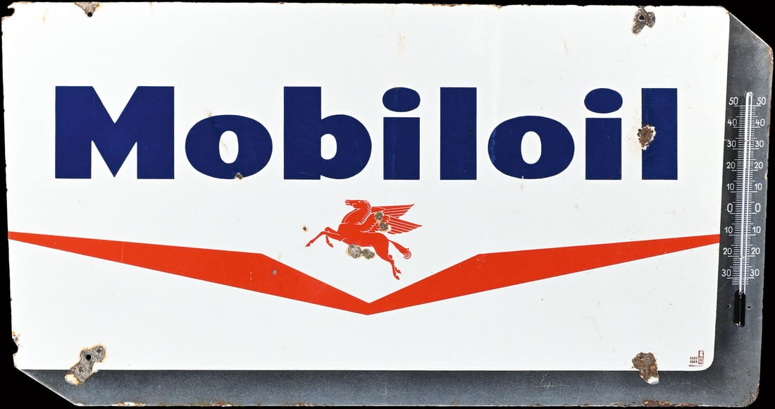 MOBILOIL | 33" PORCELAIN SIGN: Porcelain sign ( Enamel sign ), stenciled, integrated thermometer (working), around 1960, 85 x 44 cm, Pyro-Email - Boos & Hahn, Ortenberg/Baden, old damages, very beautiful gloss and colors | We do on