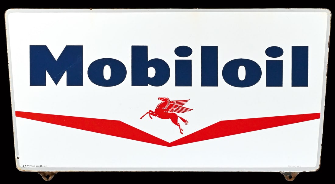 MOBILOIL | 31" PORCELAIN SIGN: Porcelain sign ( Enamel sign ), stenciled, BE 1953, 80 x 40 cm, Emaillerie Belge, version with gray border, beautiful middle-sized version | We do only sell old original pieces - no reproductions or f