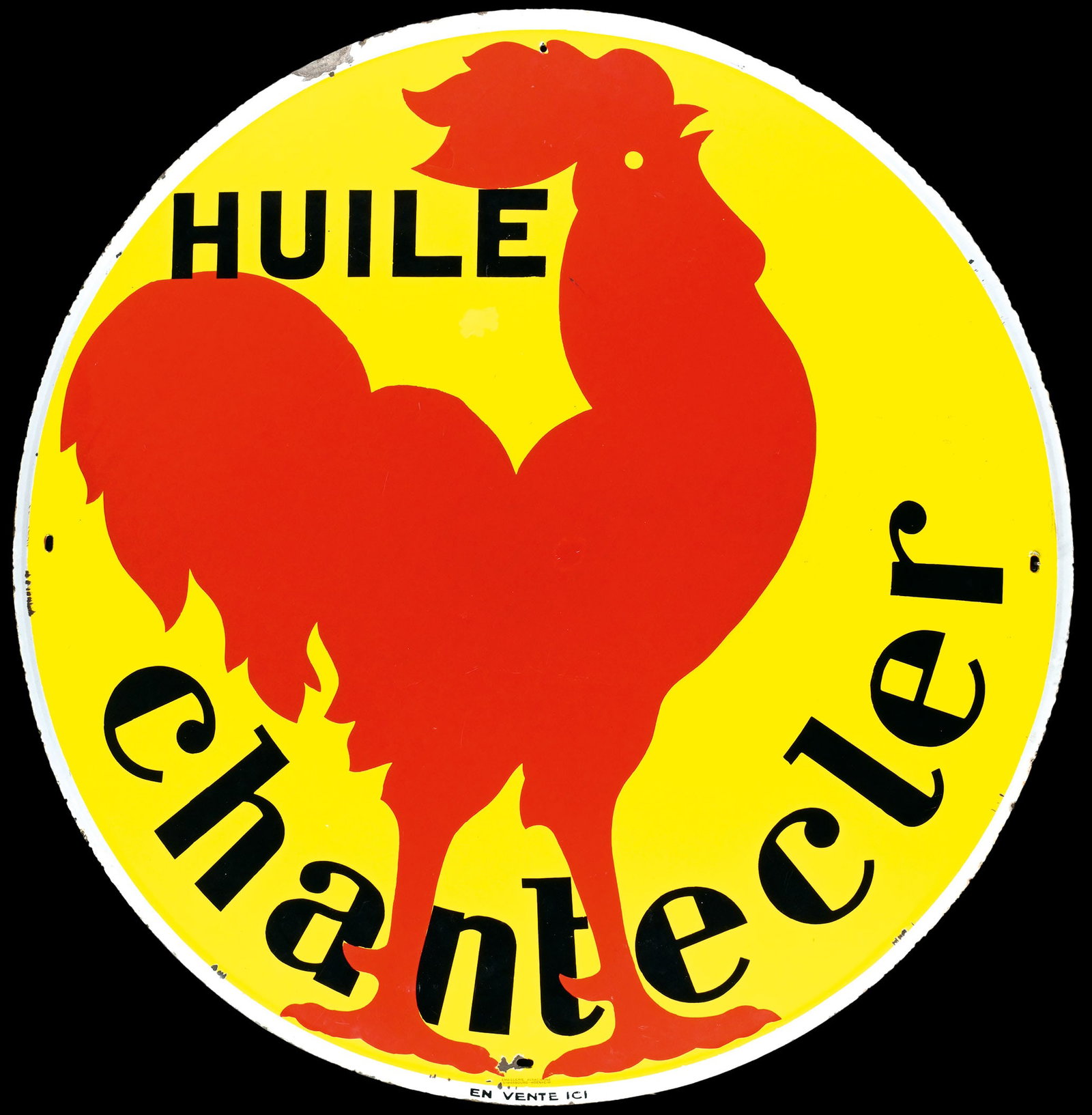HUILE CHANTECLER | 49" PORCELAIN SIGN: Porcelain sign ( Enamel sign ), stenciled, F around 1950, diam. 125 cm, Emaillerie Alsacienne Strasbourg-Hoenheim, the French motor oil for Connoisseurs, next to the double-sided Veedol one of the gia