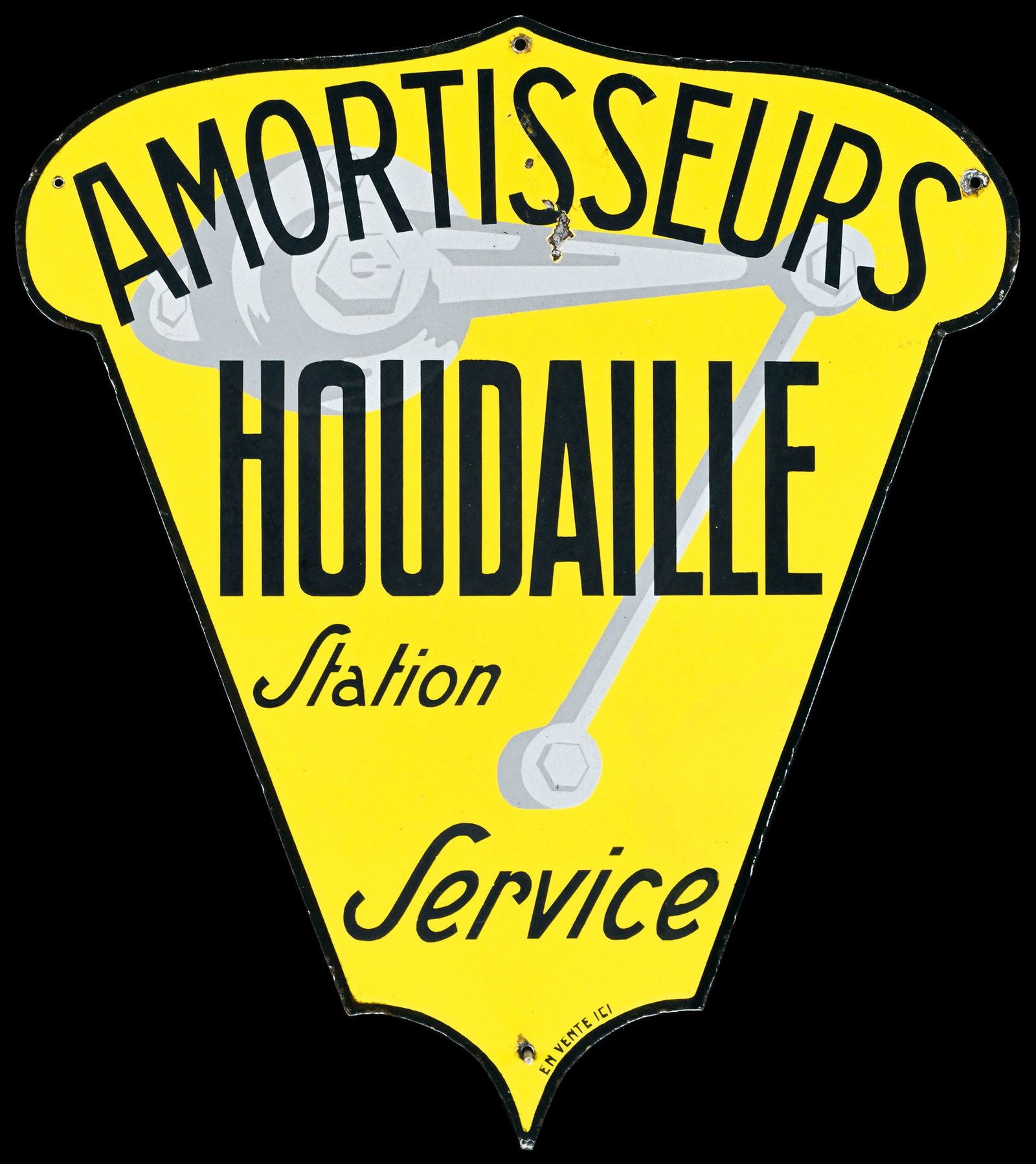 AMORTISSEURS HOUDAILLE | SUPER RARE 22" PORCELAIN SIGN: Coat-of-arms-shaped Porcelain sign ( Enamel sign ), stenciled and lithographed, 1930s, 51 x 57 cm, professionally restored (image and lettering seem nearly untouched) and covered with clear coat, rare