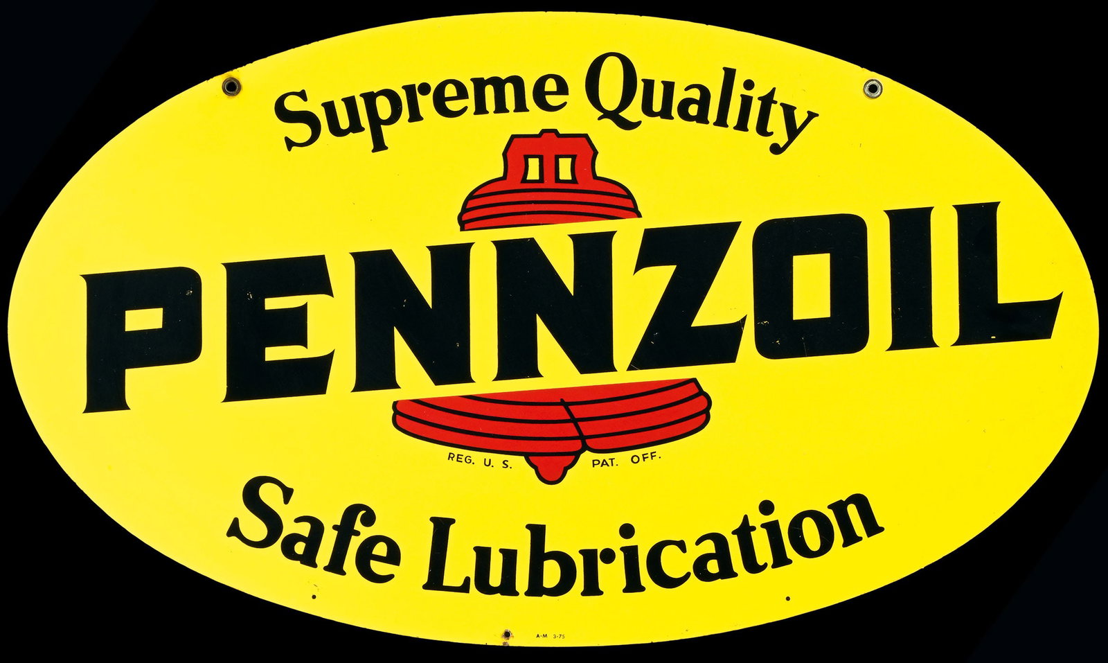 PENNZOIL SAFE LUBRICATION | 31" TIN SIGN | DOUBLE SIDED HANGER: Tin sign as double-sided hanger, USA March 1975, 79 x 46 cm, A-M | We do only sell old original pieces - no reproductions or fakes. We pack in house, most items can be shipped overseas. Wooden crates 