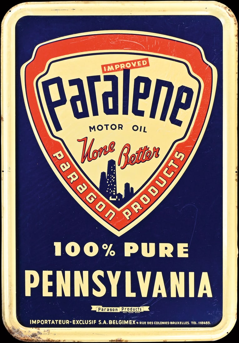 PARALENE MOTOR OIL | 30" TIN SIGN: Tin sign, embossed, BE/USA 1951, 50 x 75 cm, Etabl. U. Schoeybroek, S.A. Hoboken-Anvers, at the time, the oil imported from the U.S. was also advertised for the European market | We do only sell old o