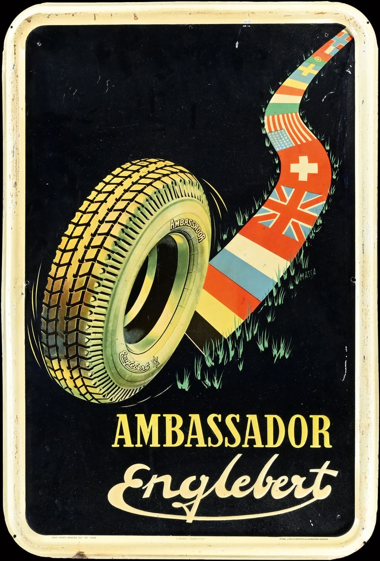 ENGLEBERT AMBASSADOR | 29" TIN SIGN: Tin sign, embossed, lithographed, BE 1948, 50 x 74 cm, Etabl. J. Schuybroek S.A., Hoboken-Anvers, signed: d'apres Crawford, a production of post WW2. Uniting, the 'Ambassador' rolls the flags out onto