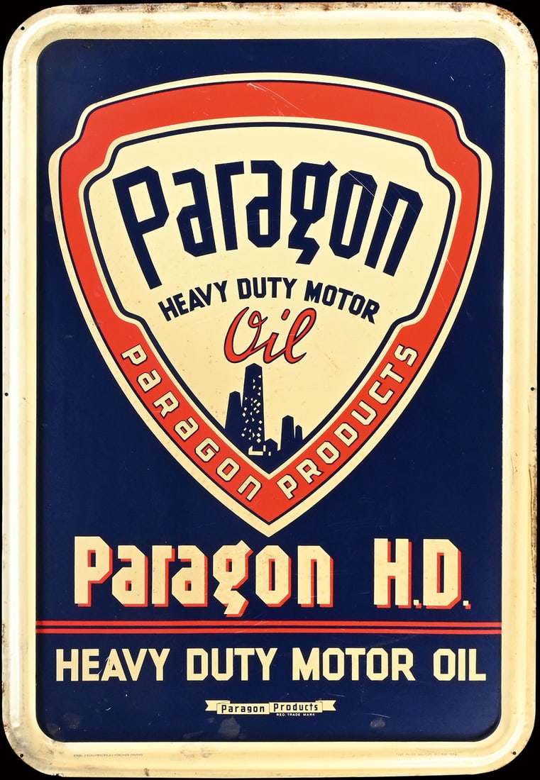 PARAGON | 30" TIN SIGN: Tin sign, embossed, BE/USA 1951, 50 x 75 cm, Etabl. J Schuybroek S.A., Hoboken, Anvers, here the version advertising for Heavy Duty Motor Oil | We do only sell old original pieces - no reproductions o