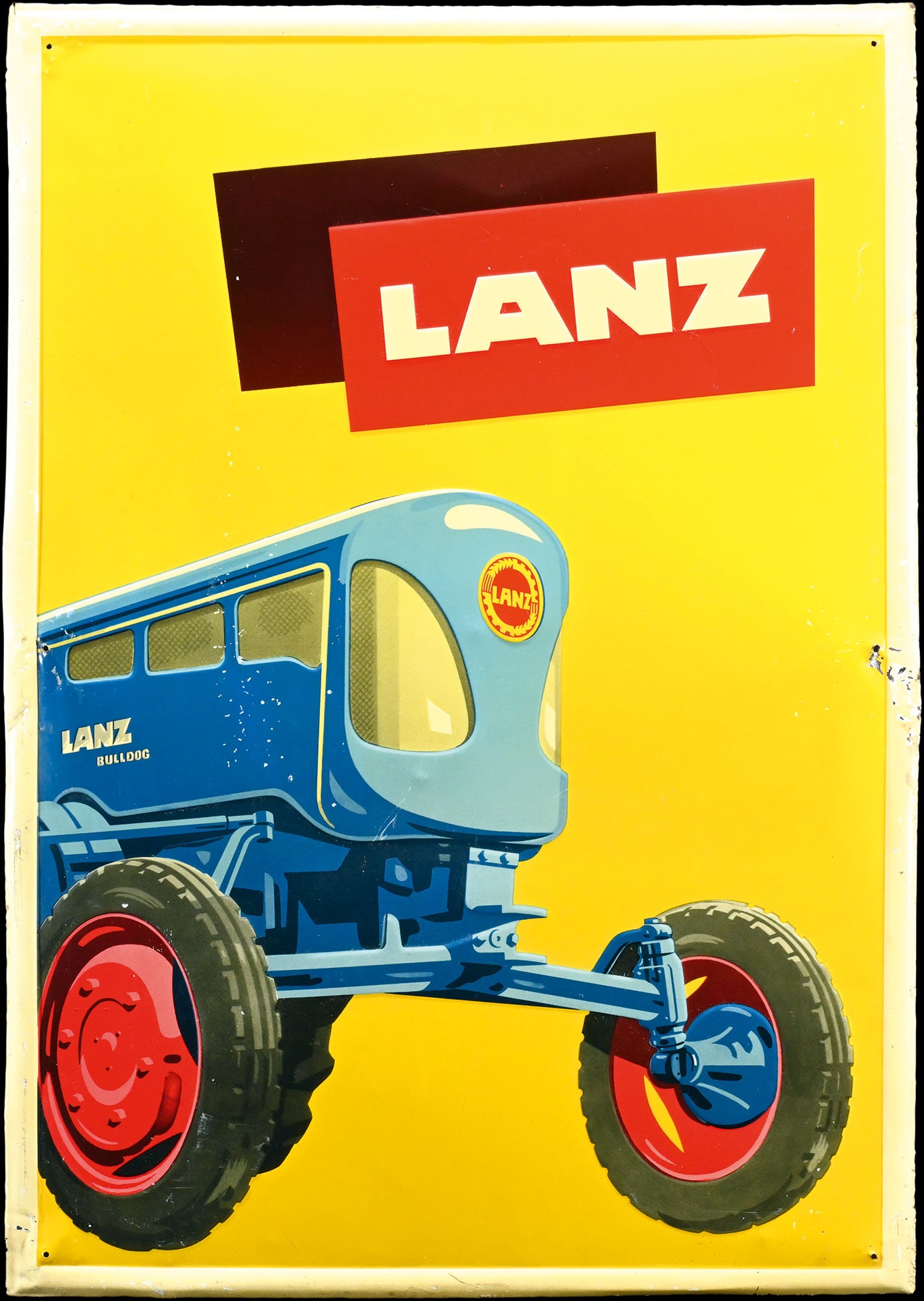 LANZ | 28" TIN SIGN: Tin sign, embossed and lithographed, GER 1950s, 50 x 71 cm, very beautiful depiction of a Lanz Bulldog | We do only sell old original pieces - no reproductions or fakes. We pack in house, most items c