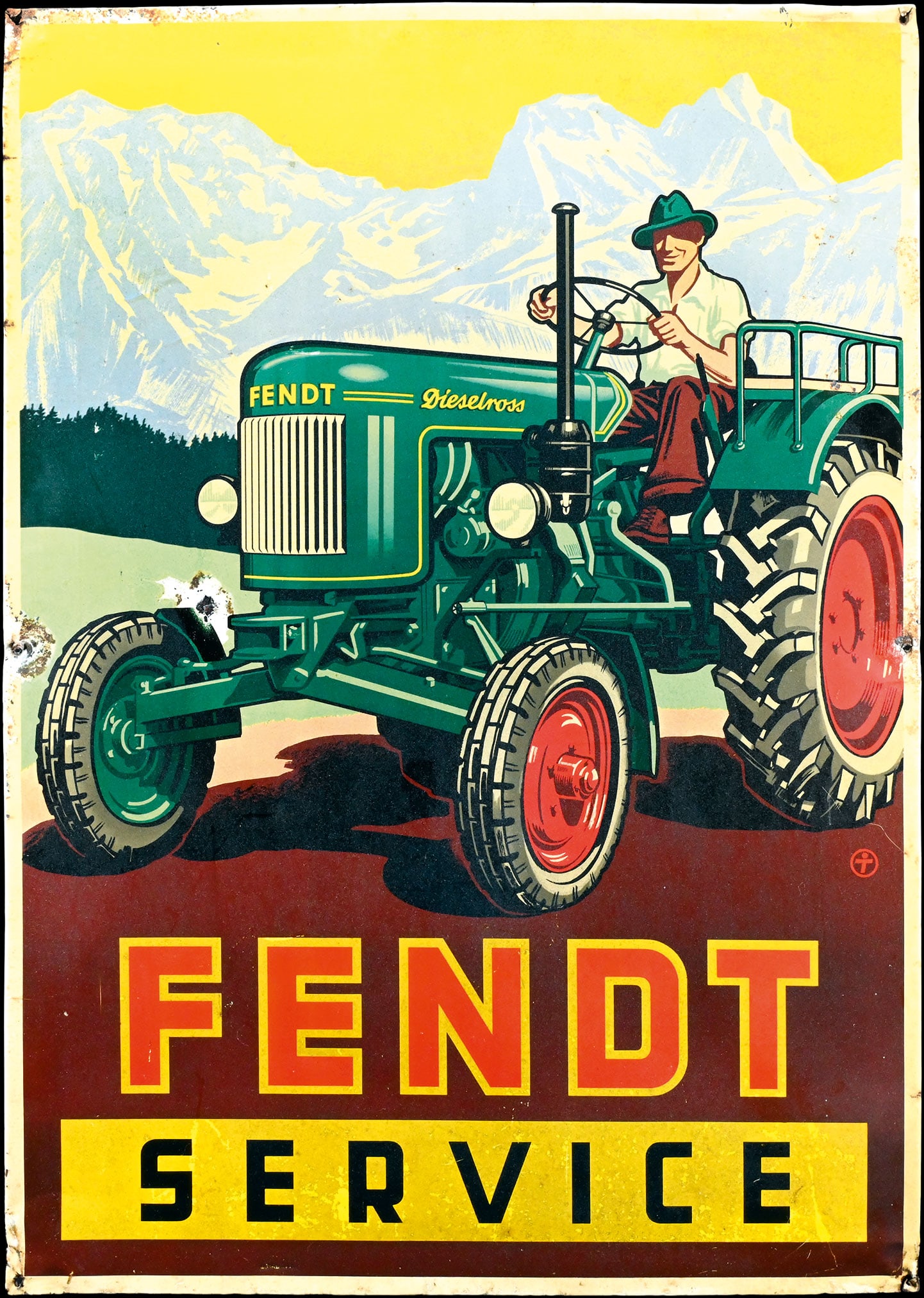 FENDT SERVICE | VERY RARE 28" TIN SIGN: Tin sign, GER around 1950, 50 x 70 cm, very rare | We do only sell old original pieces - no reproductions or fakes. We pack in house, most items can be shipped overseas. Wooden crates are available. F