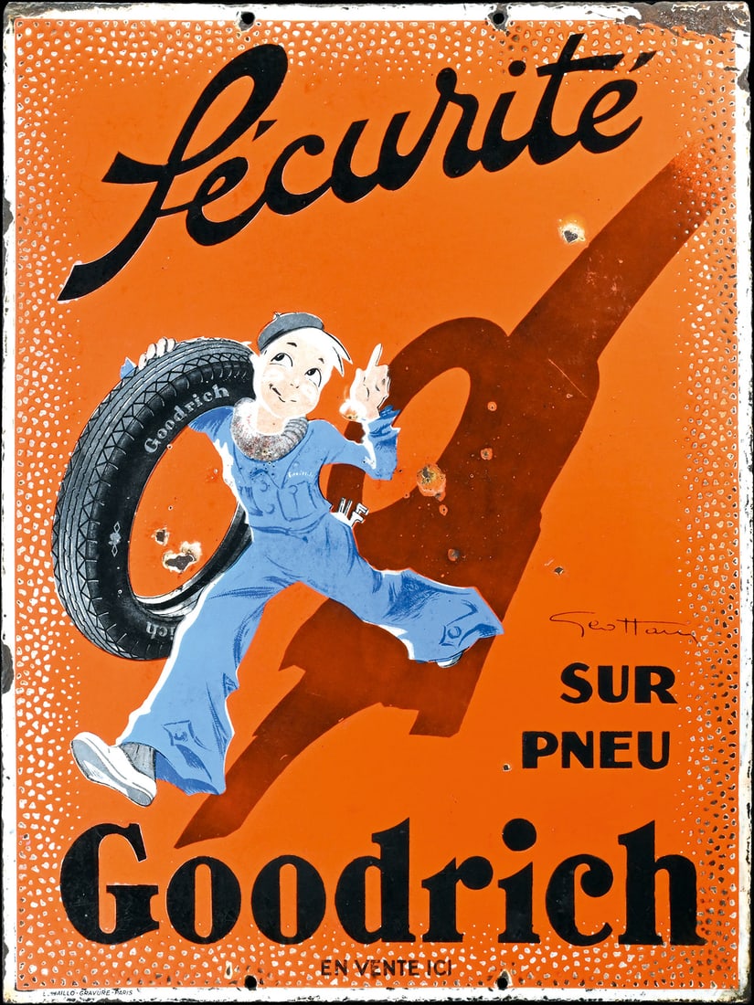 GOODRICH SECURITE | 31" PORCELAIN SIGN | DOUBLE SIDED HANGER: Porcelain sign ( Enamel sign ), double-sided, stenciled and lithographed, F around 1925, 60 x 80 cm, L' Emaillo - Gravure, Paris, Emaill. Als. Strasbourg, signed: Geo Ham (Georges Hamel), here the buy