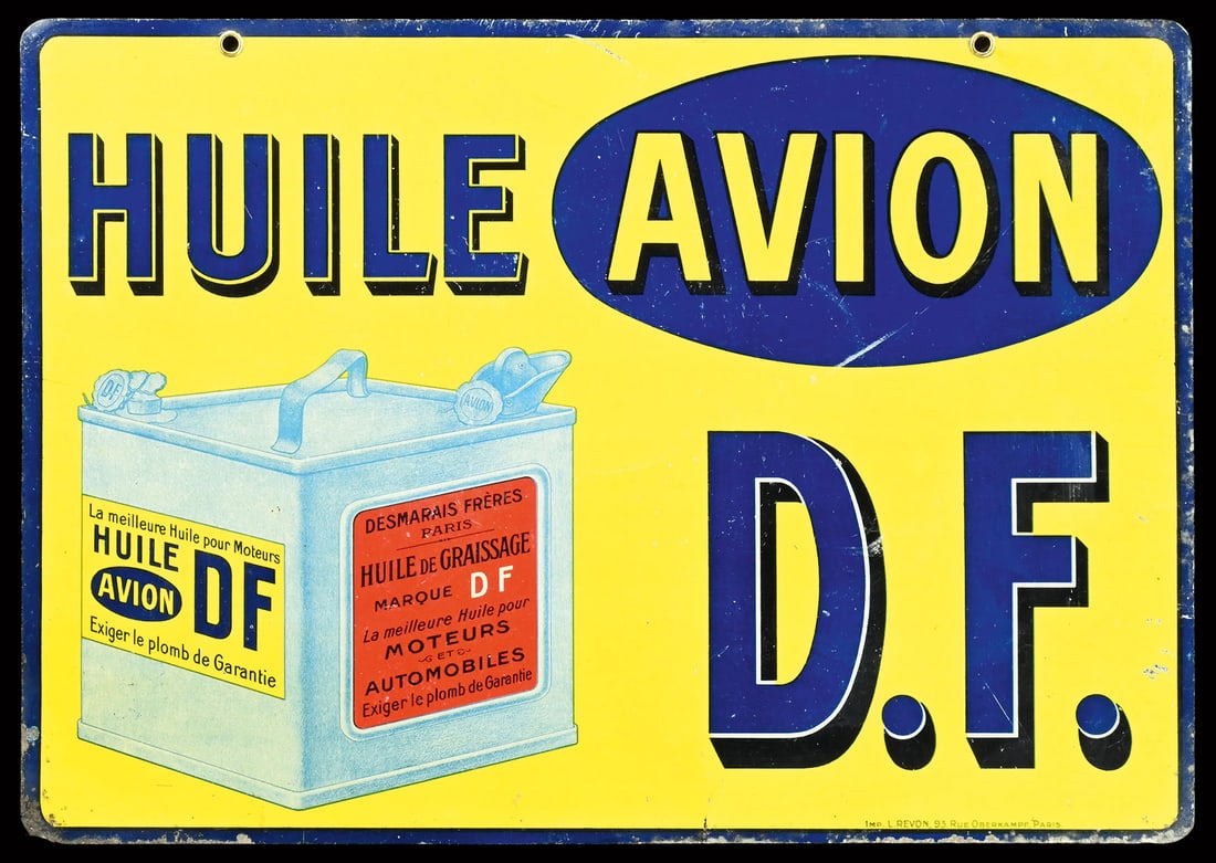 HUILE AVION D.F. | 20" TIN SIGN | DOUBLE SIDED HANGER: Tin sign as double-sided hanger, lithographed, F 1920s, 50 x 35 cm, Imp. L. Revon, Paris, fine depiction of an OIL CAN, here advertising for the aircraft motor oil, very beautiful preservation, extrem