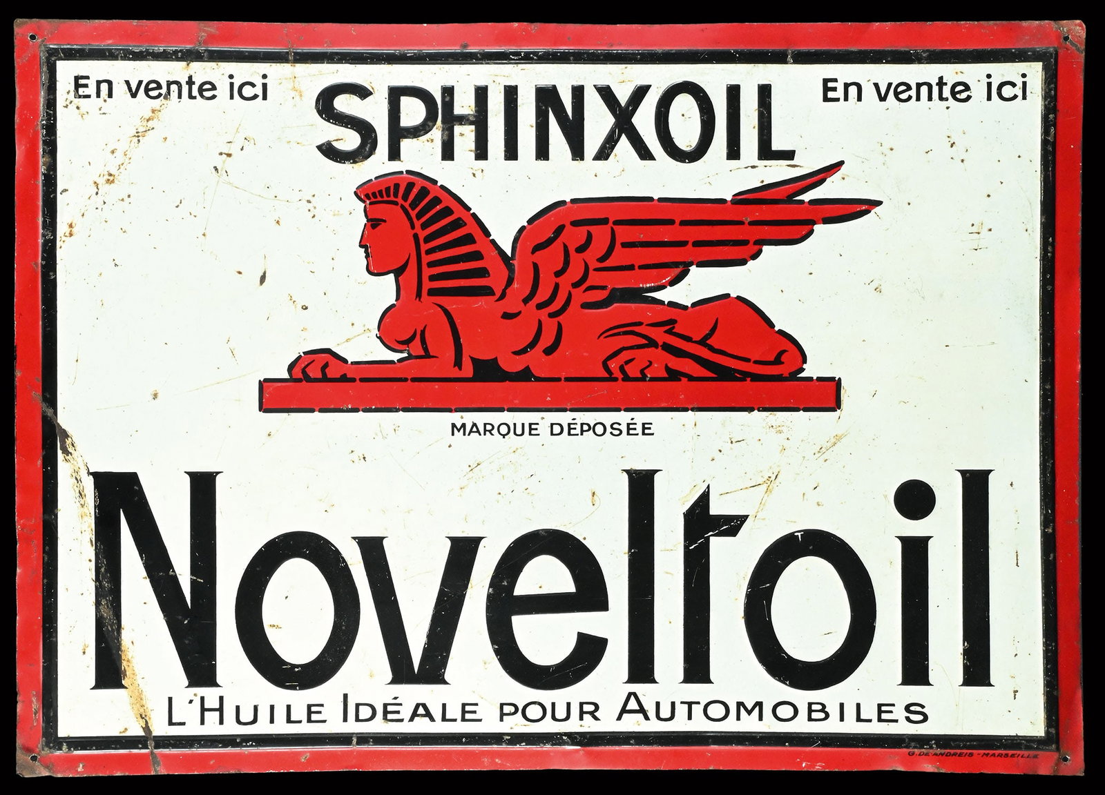 SPHINXOIL NOVELTOIL | 28" TIN SIGN: Tin sign, embossed, F around 1930, 70 x 50 cm, G. de Andreis, Marseille | We do only sell old original pieces - no reproductions or fakes. We pack in house, most items can be shipped overseas. Wooden 
