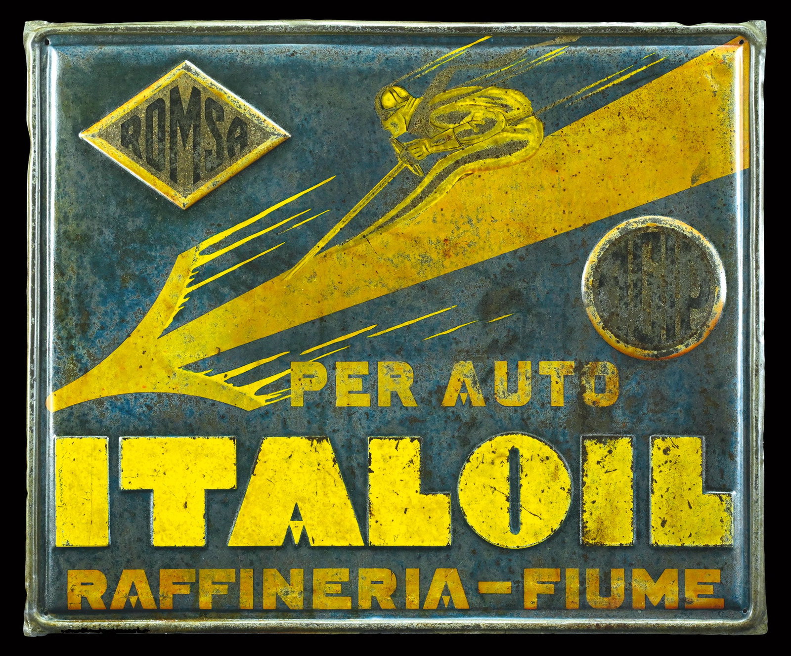 ITALOIL | VERY RARE 19" TIN SIGN: Tin sign, embossed, lithographed, IT around 1930, 48 x 39 cm, rare | We do only sell old original pieces - no reproductions or fakes. We pack in house, most items can be shipped overseas. Wooden crate