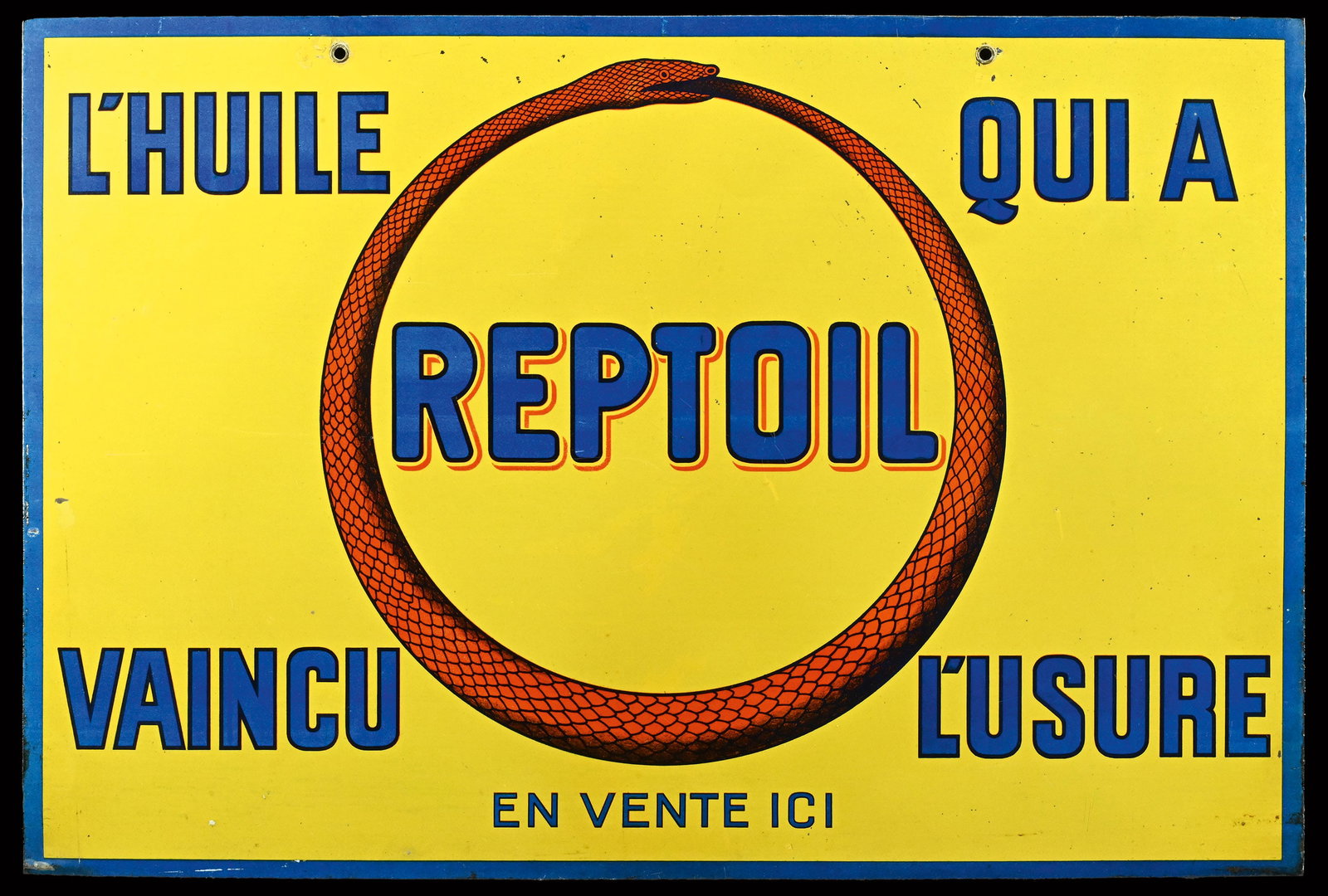 L'HUILE REPTOIL | 24" TIN SIGN | DOUBLE SIDED HANGER: Hanger consisting of two Tin signs, lithographed, F 1920s, 60 x 40 cm, one side with a varnish finish, the other slightly weathered, rare | We do only sell old original pieces - no reproductions or fa