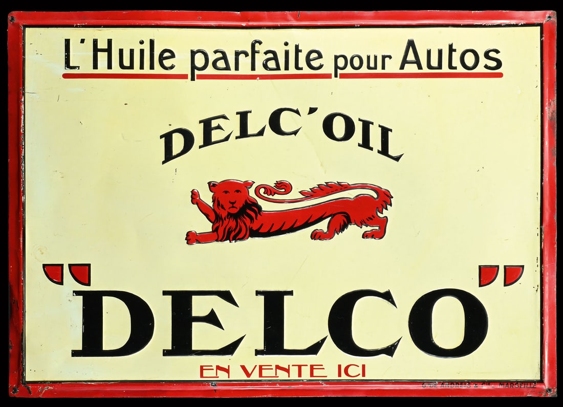 DELCO DELC'OIL | 28" TIN SIGN: Tin sign, embossed, F around 1930, 70 x 50 cm, G. de Andreis & Cie., Marseille | We do only sell old original pieces - no reproductions or fakes. We pack in house, most items can be shipped overseas. 
