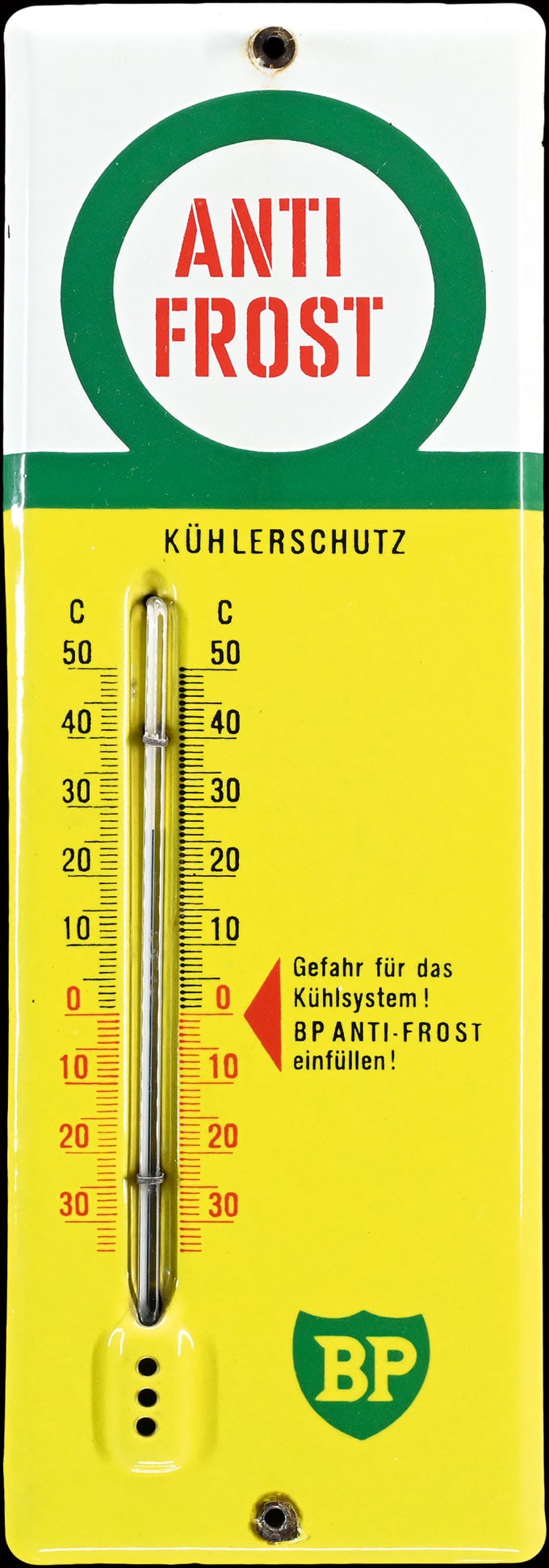 BP ANTI FROST | 14" PORCELAIN SIGN | SUPERB CONDITION: Porcelain sign ( Enamel sign ), stenciled, integrated thermometer (original and working), GER/CH around 1960, 12 x 35 cm | We do only sell old original pieces - no reproductions or fakes. We pack in h