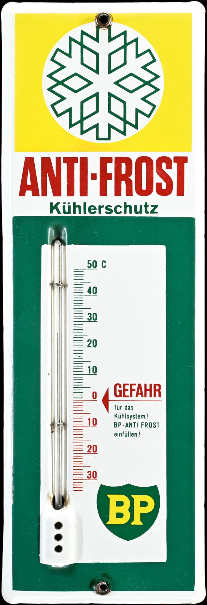 BP ANTI-FROST | 14" PORCELAIN SIGN | SUPERB CONDITION: Porcelain sign ( Enamel sign ), stenciled, integrated thermometer (original and working), GER/CH around 1960, 12 x 35 cm | We do only sell old original pieces - no reproductions or fakes. We pack in h