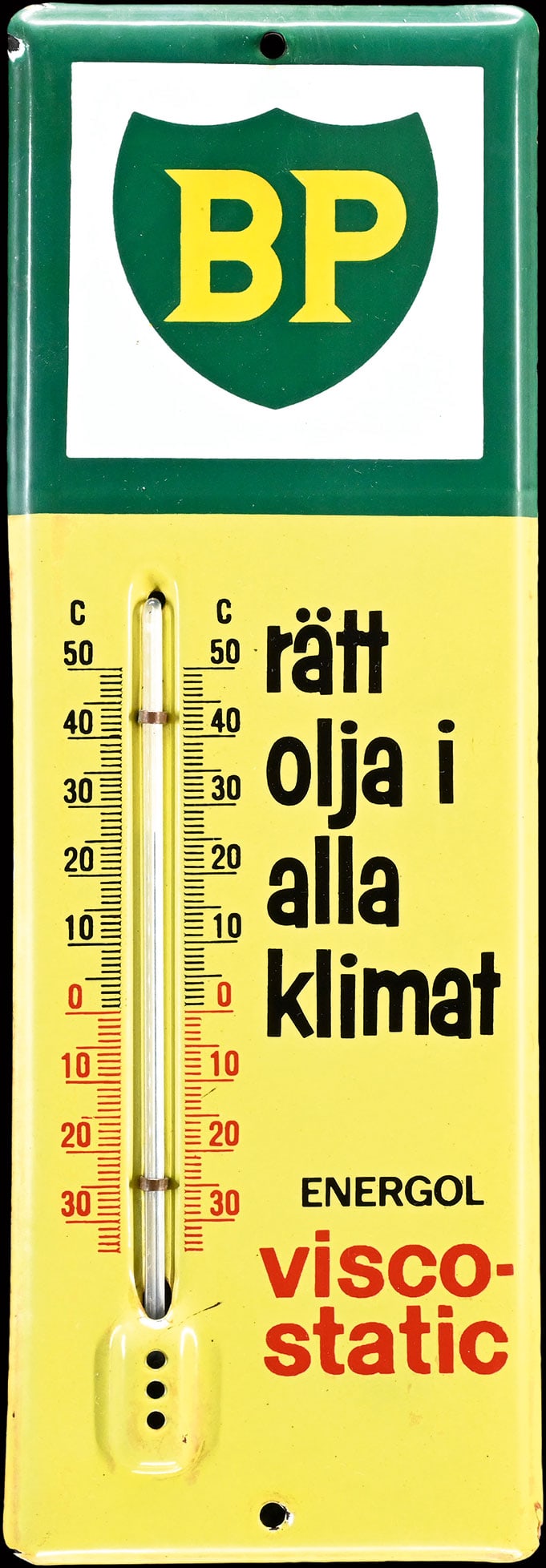 BP ENERGOL VISCO-STATIC | 14" PORCELAIN SIGN: Porcelain sign ( Enamel sign ), stenciled, integrated thermometer (original and working), FIN around 1960, 12 x 35 cm | We do only sell old original pieces - no reproductions or fakes. We pack in hous