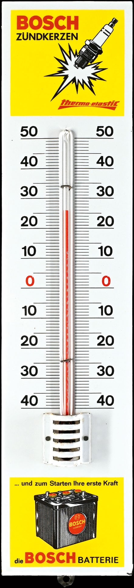BOSCH ZUENDKERZEN - BATTERIE | 20" PORCELAIN SIGN: Porcelain sign ( Enamel sign ), stenciled, integrated thermometer (working), GER around 1960, 12 x 52 cm | We do only sell old original pieces - no reproductions or fakes. We pack in house, most items