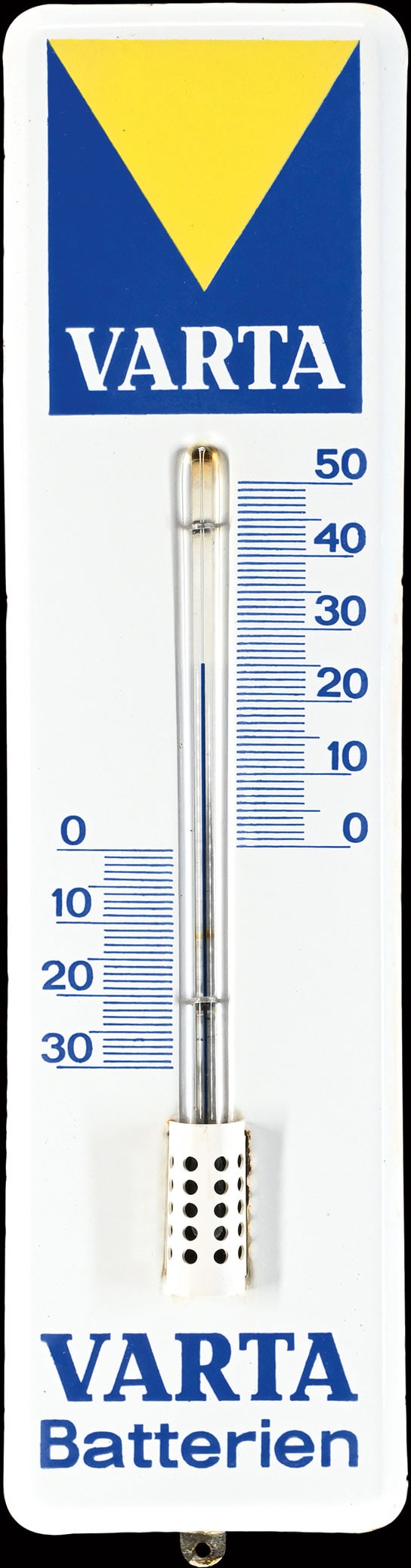 VARTA BATTERIEN | 20" PORCELAIN SIGN: Porcelain sign ( Enamel sign ), stenciled, integrated thermometer (original and working), GER 1960s, 14 x 51 cm | We do only sell old original pieces - no reproductions or fakes. We pack in house, mos