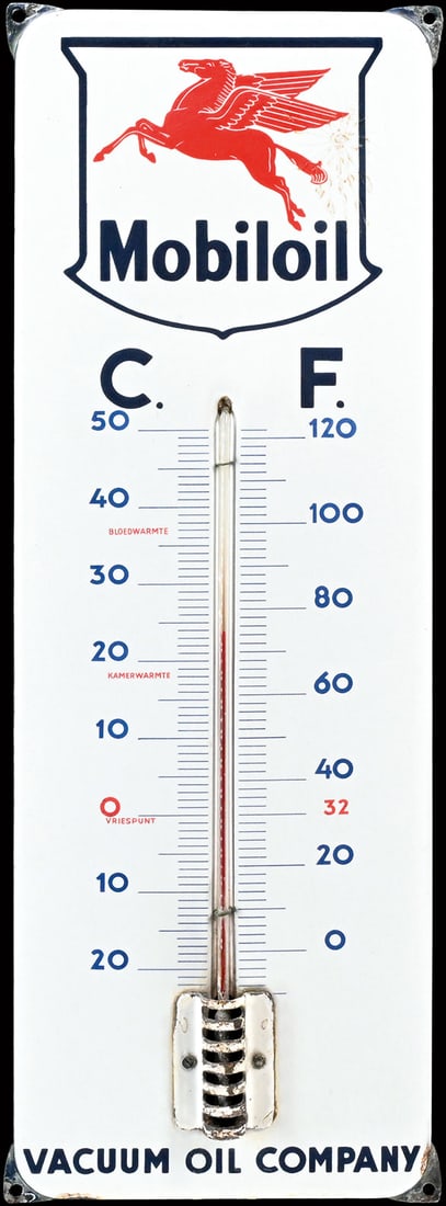 MOBILOIL VACUUM OIL COMPANY | 23" PORCELAIN SIGN: Porcelain sign ( Enamel sign ), stenciled and lithographed, integrated thermometer (original and working), NL 1950s, 20 x 58 cm, "Langcat" Bussum, light traces of aging | We do only sell old original 