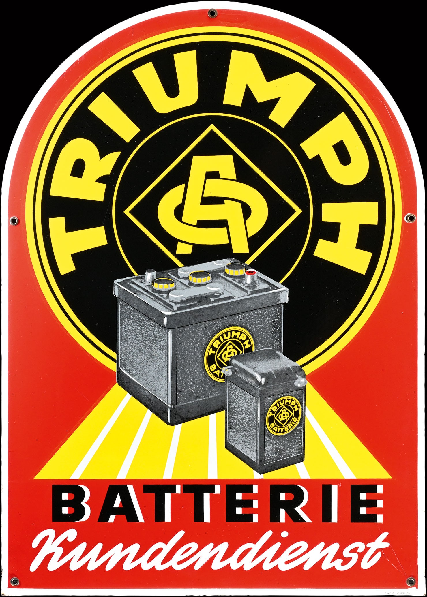 TRIUMPH BATTERIE | 31" PORCELAIN SIGN | SUPERB CONDITION: Porcelain sign ( Enamel sign ), stenciled, AT 1950s, 57 x 80 cm, Hoelzl, Wien, the back still with the old mounting manual | We do only sell old original pieces - no reproductions or fakes. We pack in