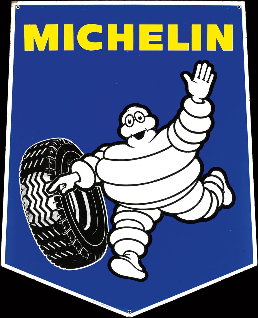 MICHELIN | 30" PORCELAIN SIGN | BIG SIZE DOUBLE SIDED HANGER: Porcelain sign ( Enamel sign ) as double-sided hanger, stenciled, IT 1950s, 63 x 77 cm, Smalterie Lombarde, Milano | We do only sell old original pieces - no reproductions or fakes. We pack in house, 