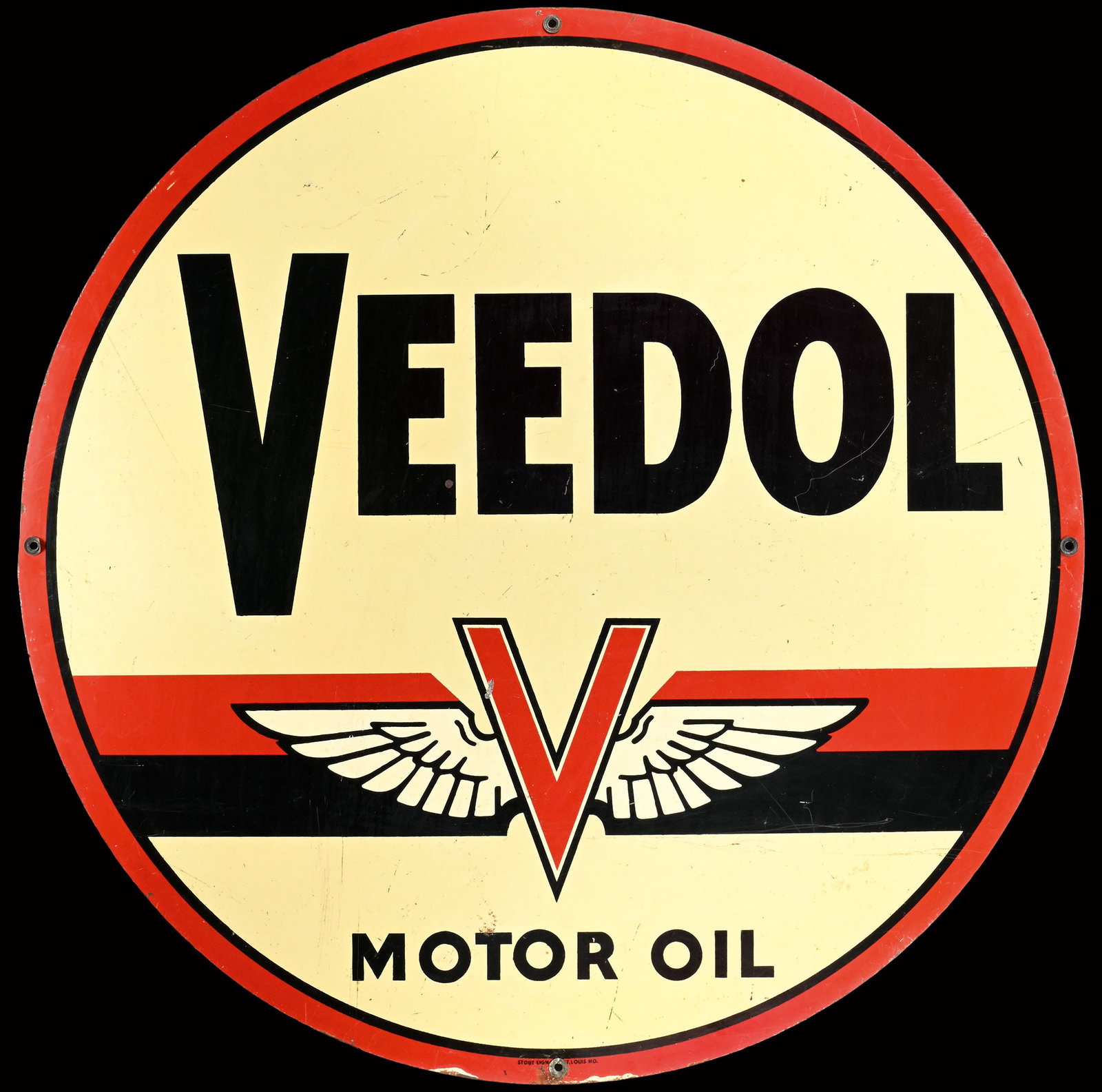 VEEDOL MOTOR OIL | 40" TIN SIGN | BIG SIZE: Tin sign, U.S.A. 1950s, diam. 102 cm, Stout sign, St. Louis No., an imposing piece in very beautiful condition, light traces of aging, rarely so beautiful | *Bulky-item shipping is available | We do o
