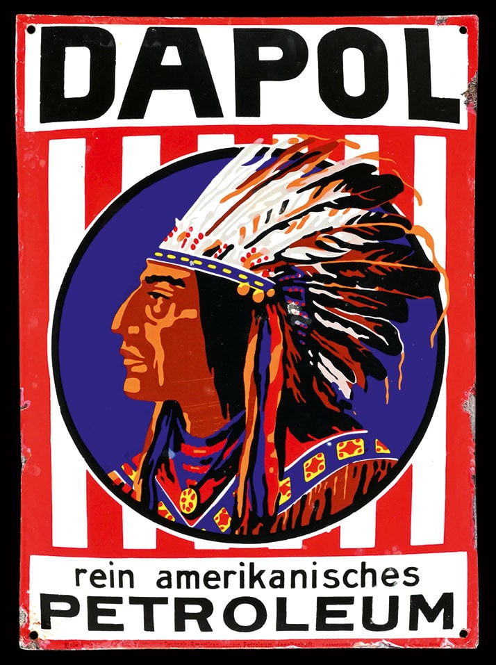 DAPOL REIN AMERIKANISCHES PETROLEUM | 20" PORCELAIN SIGN | NICE ORIGINAL CONDITION: Porcelain sign ( Enamel sign ), convex, stenciled, GER around 1915, 36 x 50 cm, Frankfurter Emaillierwerke Neu-Isenburg u. Berlin, one of the classics of German petroleum advertising, all colors stenc
