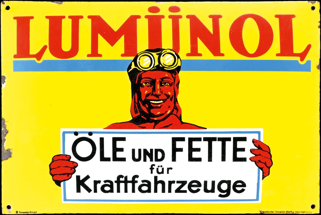 LUMUENOL OELE UND FETTE | MAGNIFICENT 24" PORCELAIN SIGN: Porcelain sign ( Enamel sign ), convex, thickly stenciled, GER 1920s, 60 x 40 cm, Torpedo-Email - Frankfurter Emaillir-Werke, Neu-Isenburg, a rare original, its color scheme subtly reminiscent of the 