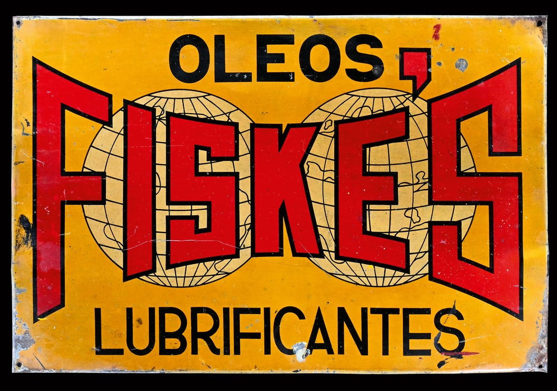 FISKE'S LUBRIFICANTES | 20" TIN SIGN: Tin sign, lithographed, IT around 1930,50 x 33 cm | We do only sell old original pieces - no reproductions or fakes. We pack in house, most items can be shipped overseas. Wooden crates are available. 