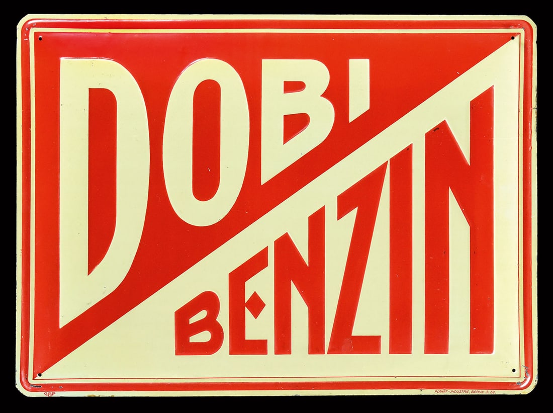 DOBI BENZIN | 20" TIN SIGN | SUPERB CONDITION: Tin sign, convex, embossed, GER around 1930, 50 x 37 cm, Plakat-Industrie, Berlin, S. 59, very rare, no other specimen is known to us in such fine preservation | We do only sell old original pieces - 