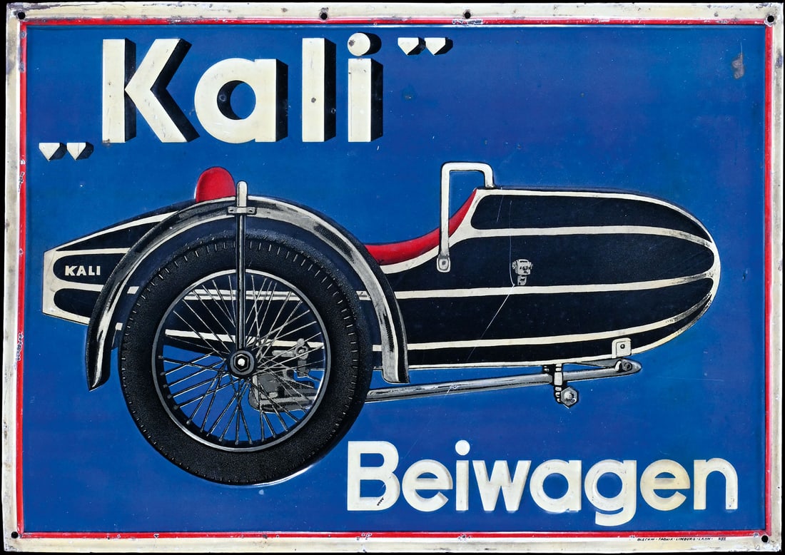 KALI BEIWAGEN | 15" TIN SIGN: Tin sign, embossed and lithographed, GER dated February 1932, 37 x 25 cm, Blechw.-Fabrik-Limburg-Lahn, a small beautiful piece of mobility history | We do only sell old original pieces - no reproducti